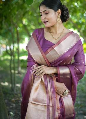 Purple kalyani silk blend zari weaving butti & border saree 3
