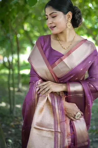 Purple color kalyani silk blend zari weaving butti & border saree