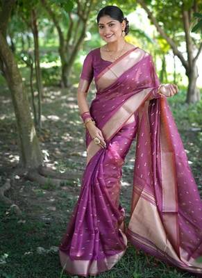 Purple kalyani silk blend zari weaving butti & border saree 4