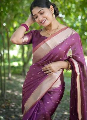 Purple kalyani silk blend zari weaving butti & border saree 5