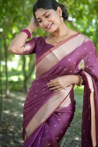 Purple color kalyani silk blend zari weaving butti & border saree