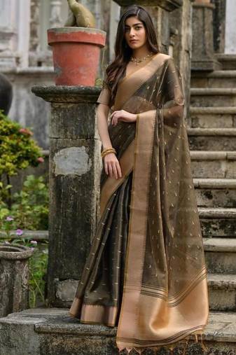 Coffee color kalyani silk zari weaving butti & border saree