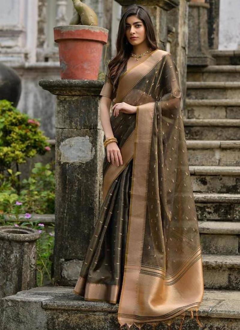 Coffee color kalyani silk zari weaving butti & border saree