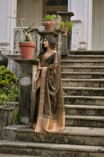 Coffee color kalyani silk blend zari weaving butti & border saree