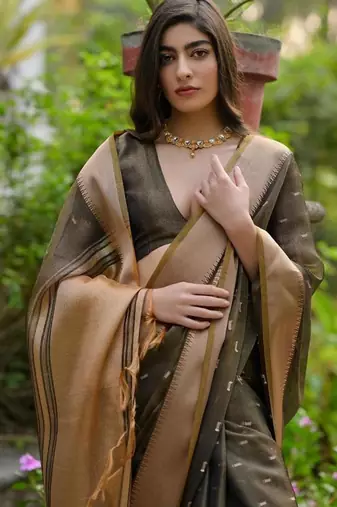 Coffee color kalyani silk blend zari weaving butti & border saree