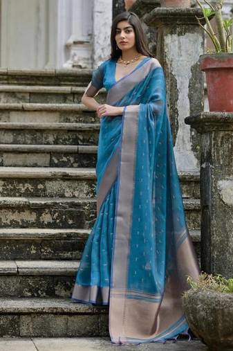 Firozi color kalyani silk zari weaving butti & border saree