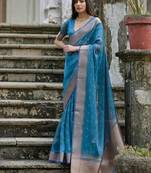 Firozi color kalyani silk blend zari weaving butti & border saree