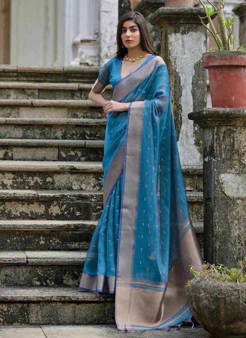 Firozi color kalyani silk zari weaving butti & border saree