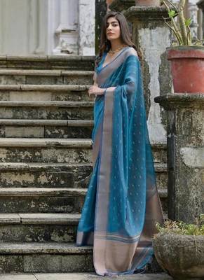 Firozi color kalyani silk blend zari weaving butti & border saree 2