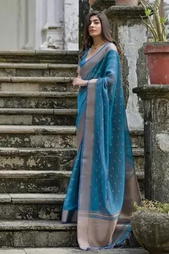 Firozi color kalyani silk zari weaving butti & border saree