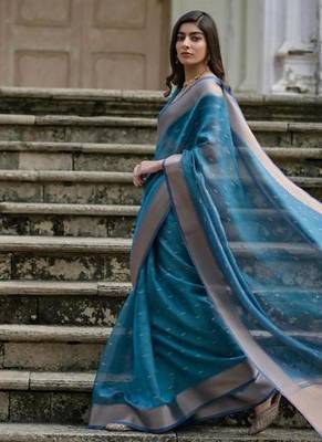 Firozi color kalyani silk blend zari weaving butti & border saree 3