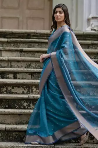 Firozi color kalyani silk zari weaving butti & border saree
