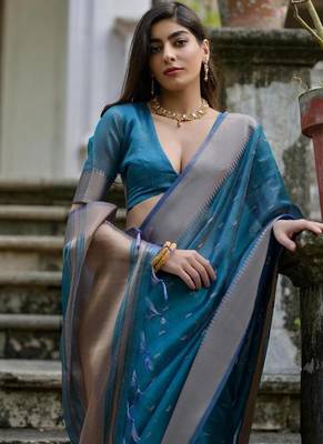 Firozi color kalyani silk blend zari weaving butti & border saree 4