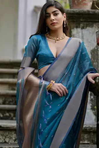 Firozi color kalyani silk zari weaving butti & border saree