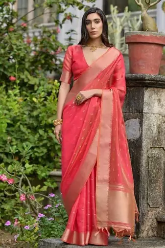 Gajri pink color kalyani silk zari weaving butti & border saree