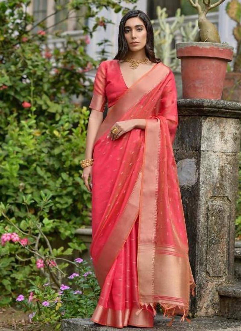 Gajri pink color kalyani silk zari weaving butti & border saree
