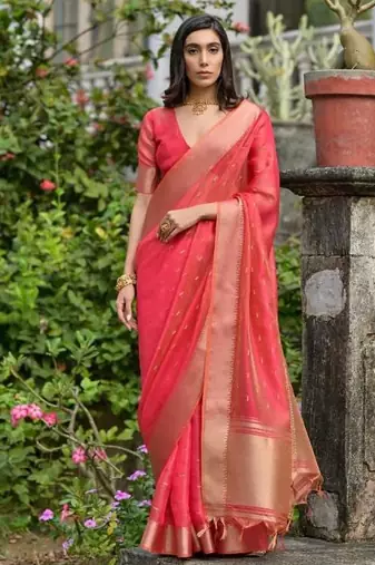 Gajri pink color kalyani silk blend zari weaving butti & border saree
