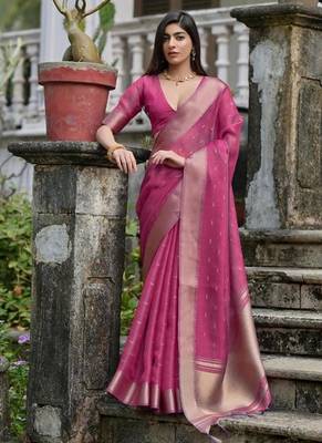 Pink color kalyani silk blend zari weaving butti & border saree 1