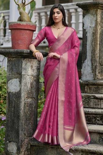Pink color kalyani silk zari weaving butti & border saree