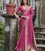 Pink color kalyani silk blend zari weaving butti & border saree