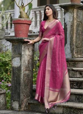 Pink color kalyani silk blend zari weaving butti & border saree 2