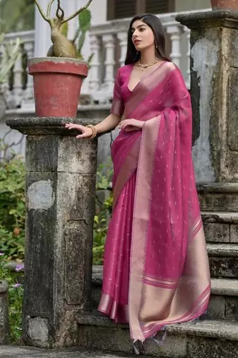Pink color kalyani silk blend zari weaving butti & border saree