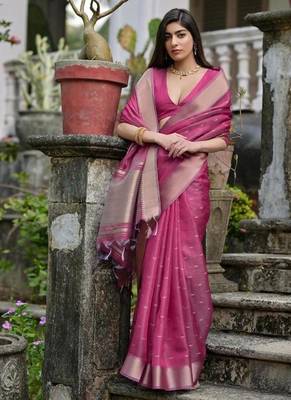 Pink color kalyani silk blend zari weaving butti & border saree 3