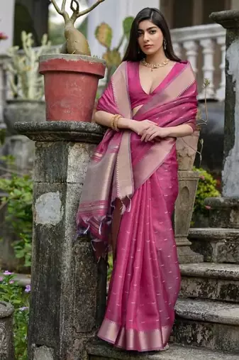 Pink color kalyani silk blend zari weaving butti & border saree