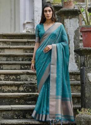 Green color kalyani silk blend zari weaving butti & border saree 1