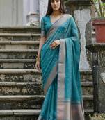 Green color kalyani silk blend zari weaving butti & border saree