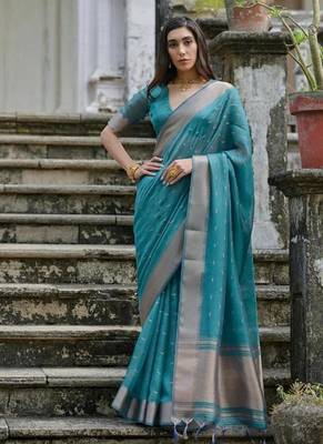 Green color kalyani silk blend zari weaving butti & border saree 2