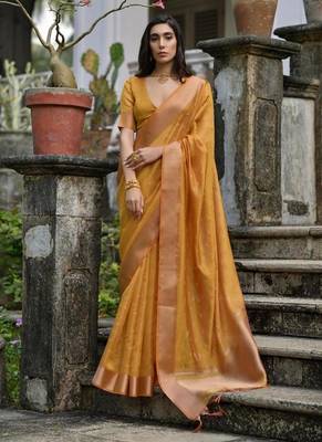 Musturd color kalyani silk blend zari weaving butti & border saree 1