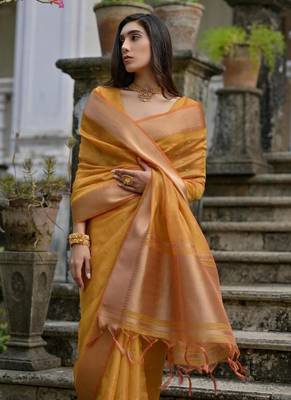 Musturd color kalyani silk blend zari weaving butti & border saree 3