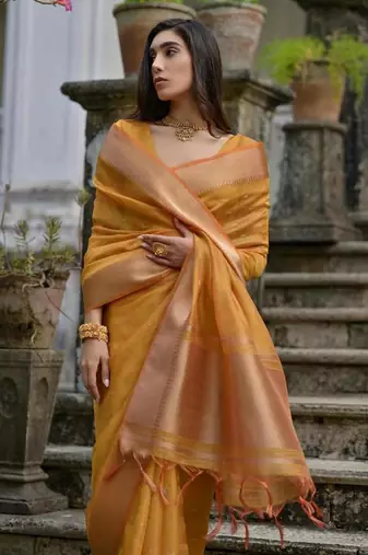 Musturd color kalyani silk blend zari weaving butti & border saree