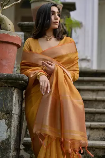 Musturd color kalyani silk blend zari weaving butti & border saree