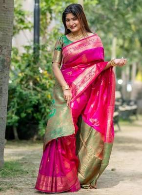 Pink banarasi katan silk blend zari weaving pattu saree 1