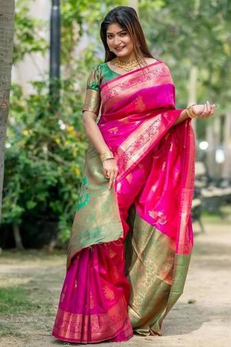 Pink color banarasi katan silk zari weaving pattu saree