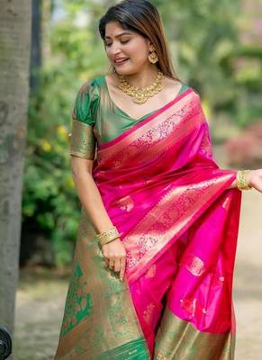 Pink banarasi katan silk blend zari weaving pattu saree 3