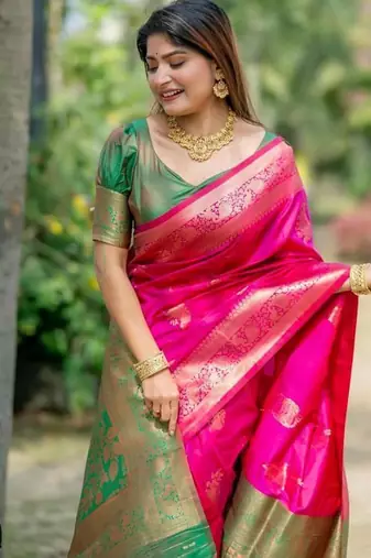 Pink color banarasi katan silk blend zari weaving pattu saree
