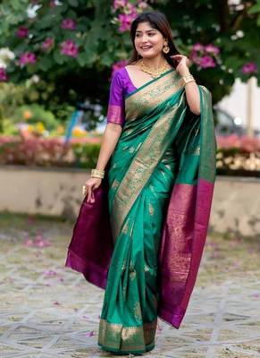 Green color banarasi katan silk blend zari weaving pattu saree 1