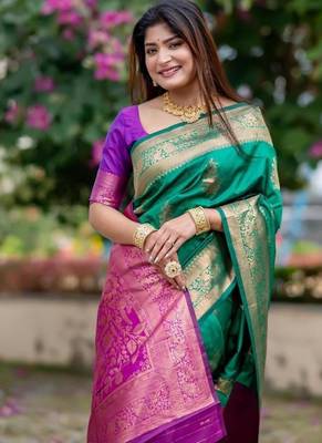 Green color banarasi katan silk blend zari weaving pattu saree 4