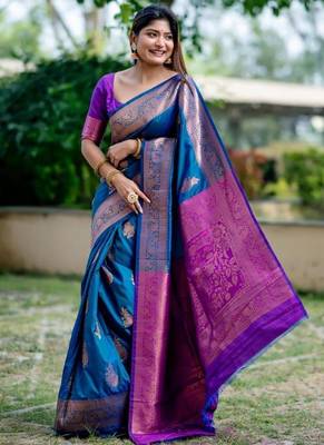 Aqua color banarasi katan silk blend zari weaving pattu saree 1