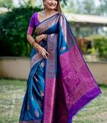 Aqua color banarasi katan silk blend zari weaving pattu saree