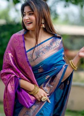 Aqua color banarasi katan silk blend zari weaving pattu saree 2