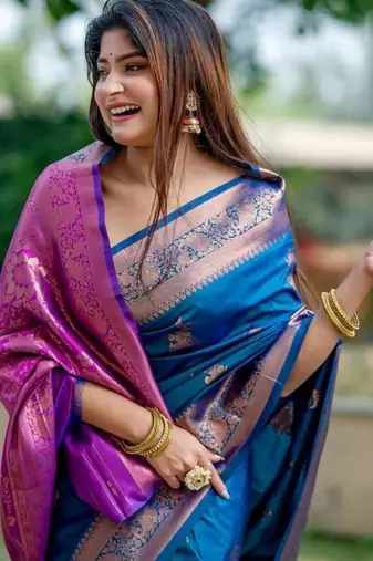 Aqua color banarasi katan silk blend zari weaving pattu saree