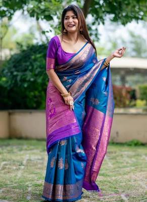 Aqua color banarasi katan silk blend zari weaving pattu saree 3