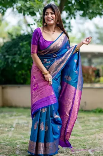 Aqua color banarasi katan silk blend zari weaving pattu saree