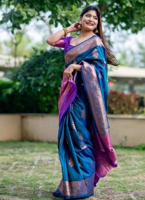 Aqua color banarasi katan silk blend zari weaving pattu saree 4