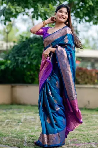 Aqua color banarasi katan silk blend zari weaving pattu saree