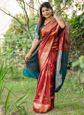 Maroon color banarasi katan silk blend zari weaving pattu saree 1
